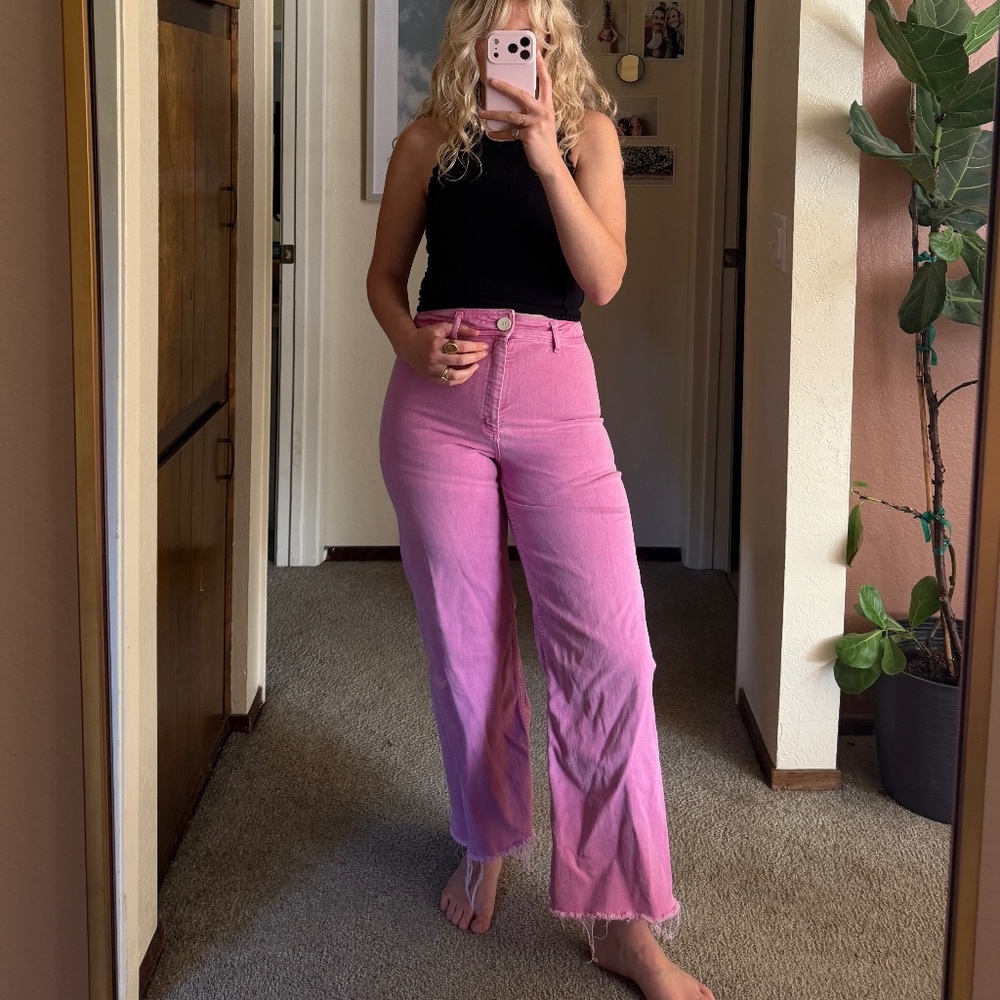 Zara Women's High Waist Wide Leg Frayed Hem Denim Jeans Pink Size 8 Barbiecore